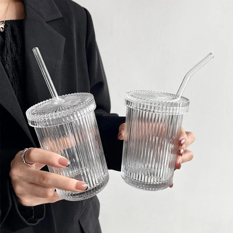 Decorbites™ Glasstrohhalm-Becher-Set | Japanischer Stil Kaffee-Tee-Milch-Becher mit Deckel