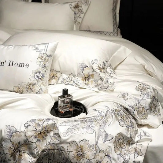 Decorbites™ Luxus-Bettwäsche-Set aus gestickter Baumwolle: Daunendeckelbezug, Kissenbezüge, Laken
