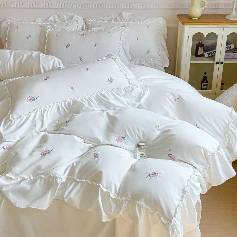 Decorbites™ Koreanische Prinzessin Rosenblumen Spitze Rüschen Bettwäsche-Set – Weiche Baumwollbettbezug