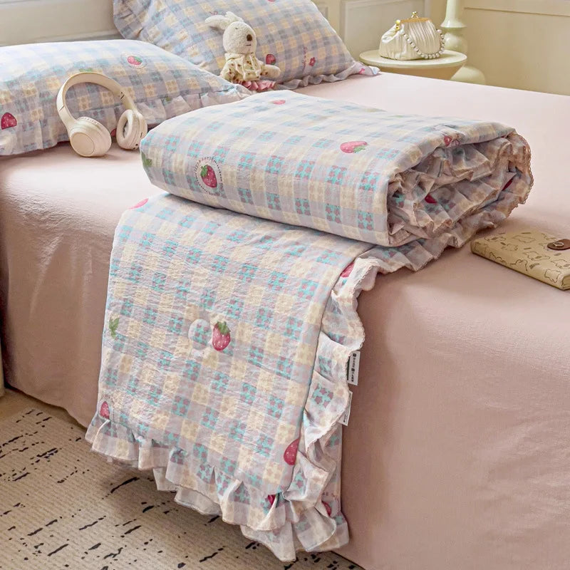 Decorbites™ Koreanische Baumwoll-Patchwork-Decke mit Spitze und Rüsche für den Sommer