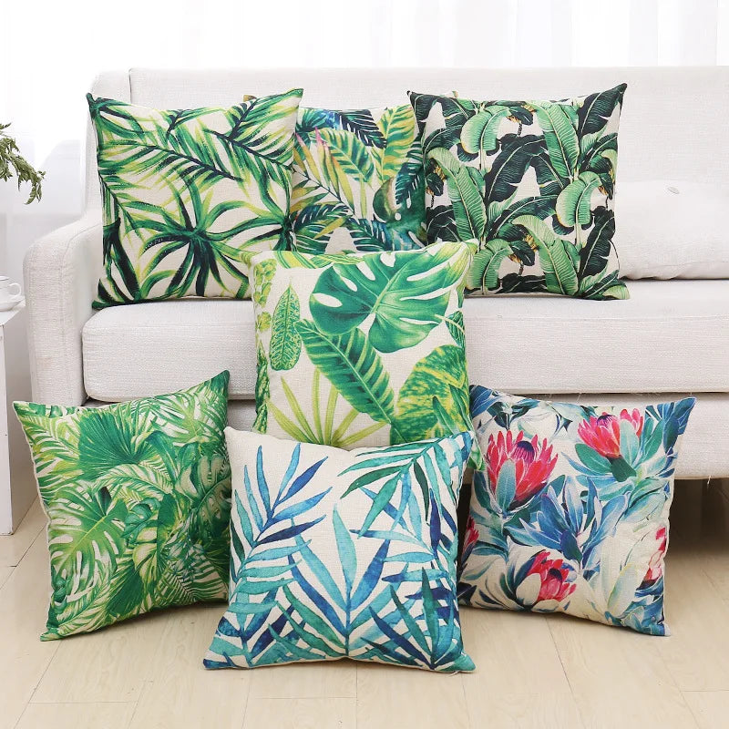 Decorbites™ Grüne Pflanzenblätter Blume Leinen Kissenbezug - Moderner Sofawurfkissenbezug