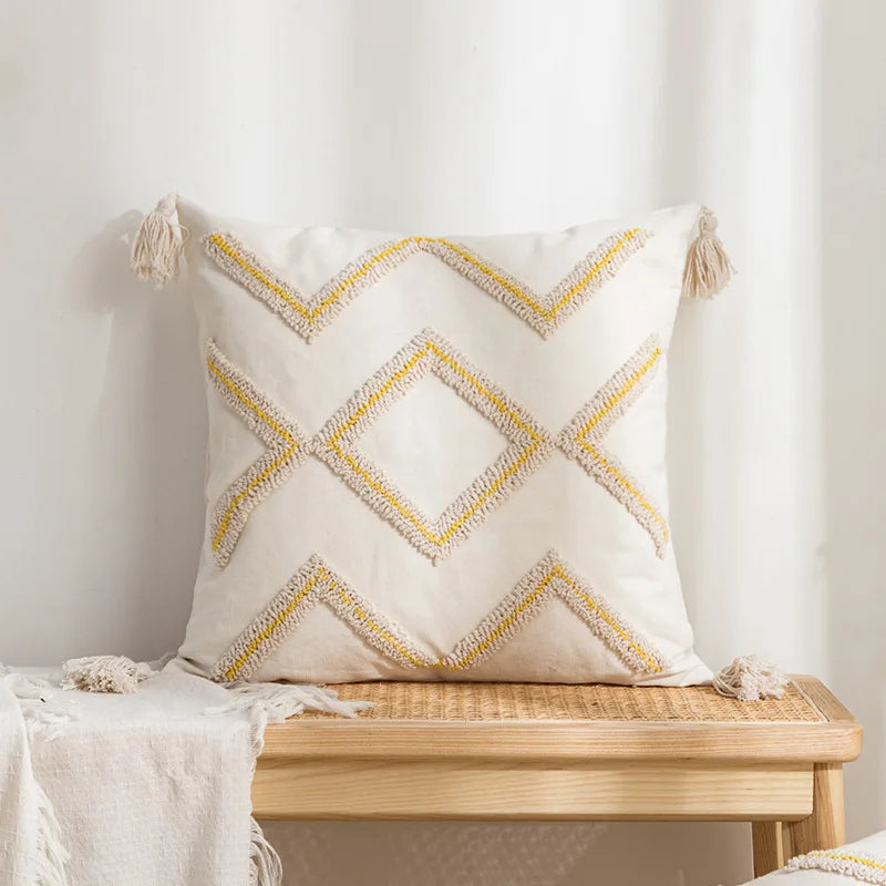 DecorBites™ Geometric Tufted Cotton Canvas Embroidered Pillow Covers for Home Decor