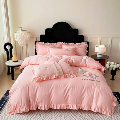 DecorBites™ French Embroidered Cotton Bed Skirt Set with Ruffled Edges