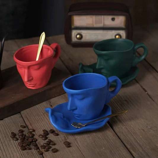Decorbites™ Frostiertes Keramik-Gesicht-Becher-Set: Tasse, Untertasse, Löffel für Kaffee, Tee, Milch