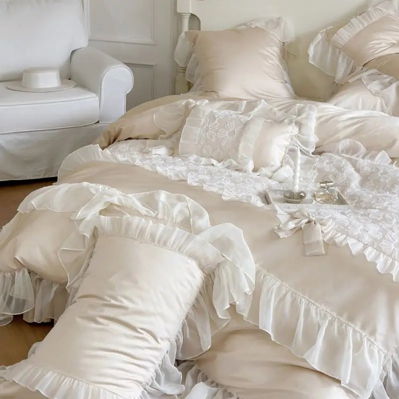 DecorBites™ French Lace Ruffles Flowers Bedding Set: Duvet Cover, Sheet Set, Pillowcases