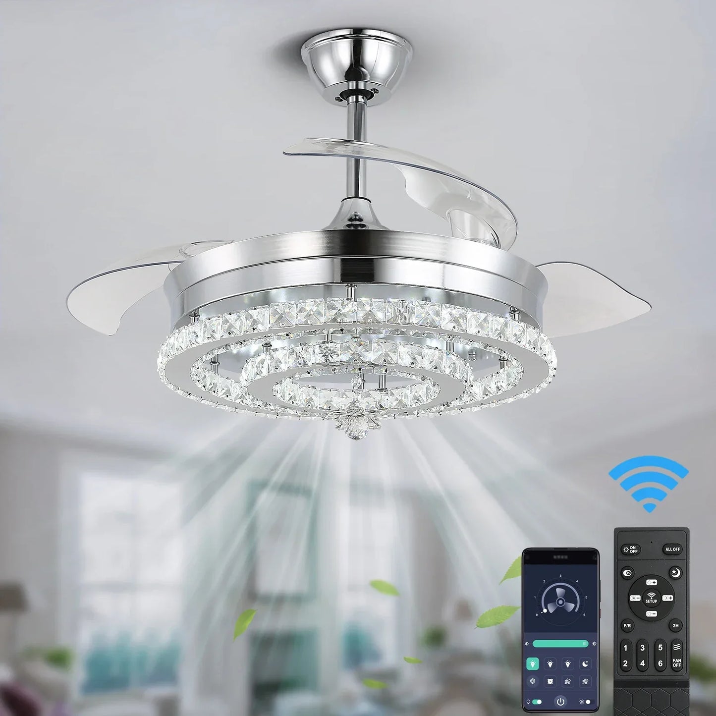 Decorbites™ Kristall-Lüfter-Leuchter LED-Licht ausklappbare Blätter dimmbar Fernbedienung modernes Wohnraumausstattung
