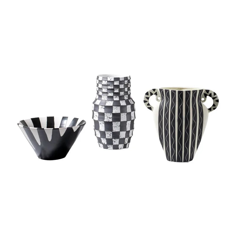 Decorbites™ Schwarzes Karo Geometrisches Gestreiftes Keramikvasen - Handgefertigter Blumenarrangement-Topf