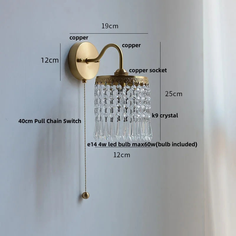 Decorbites™ Kristall Vintage LED Wandlampen mit Zugschalter Luxus Kupfer E14 Treppenlicht