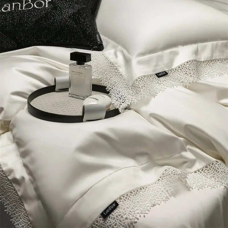 Decorbites™ Französische Spitzenkante-Bettwäsche-Set, 1000TC Ägyptische Baumwolle, Queen King, Daunendecke, Laken, Kissenbezüge