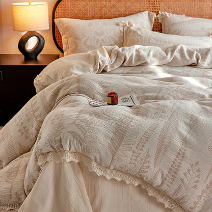Decorbites™ Leinen-Baumwoll-Gesundheits-Krausgarn-Bettwäsche-Set mit Vintage-Spitze - Bettbezug, Laken, Kissenbezug