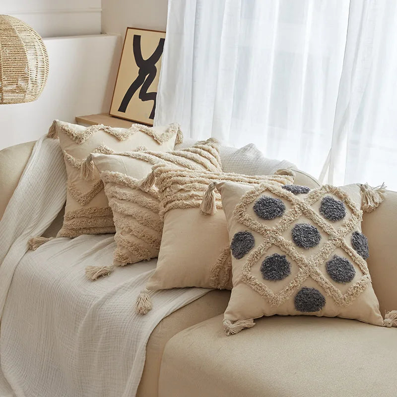 Decorbites™ Geometrisches Tufted Quasten Kissenbezug aus Baumwoll-Leinen Herbst-Kissenbezug