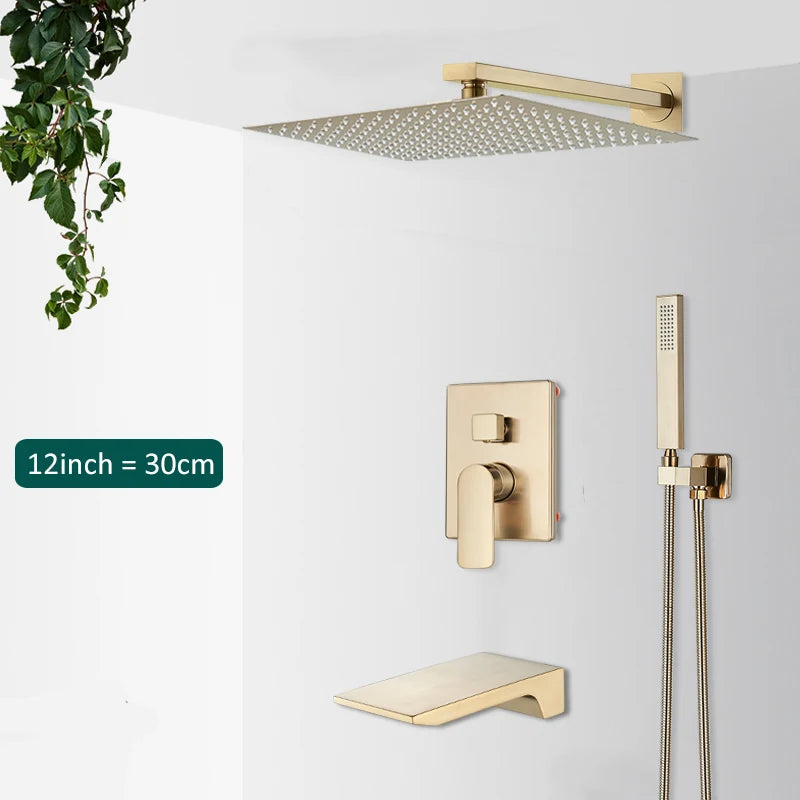 Quyanre Brushed Gold Shower Faucets Set Bathroom Wall Mounted Shower System Embedded Box Shower Mixer Tap Rainfall Shower Faucet