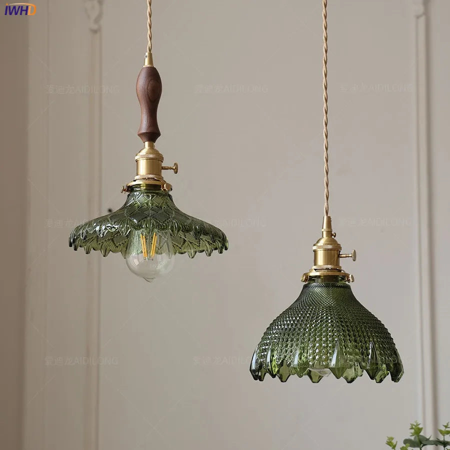 Decorbites™ Grüne Glas-LED-Hängeleuchte mit Kupfer-Holzgriff für modernes nordisches Heimdekoration