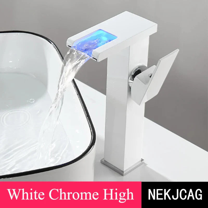 DecorBites™ LED Waterfall Basin Faucet: Black Mixer Tap with Light, Deck Mount Kitchen Sink