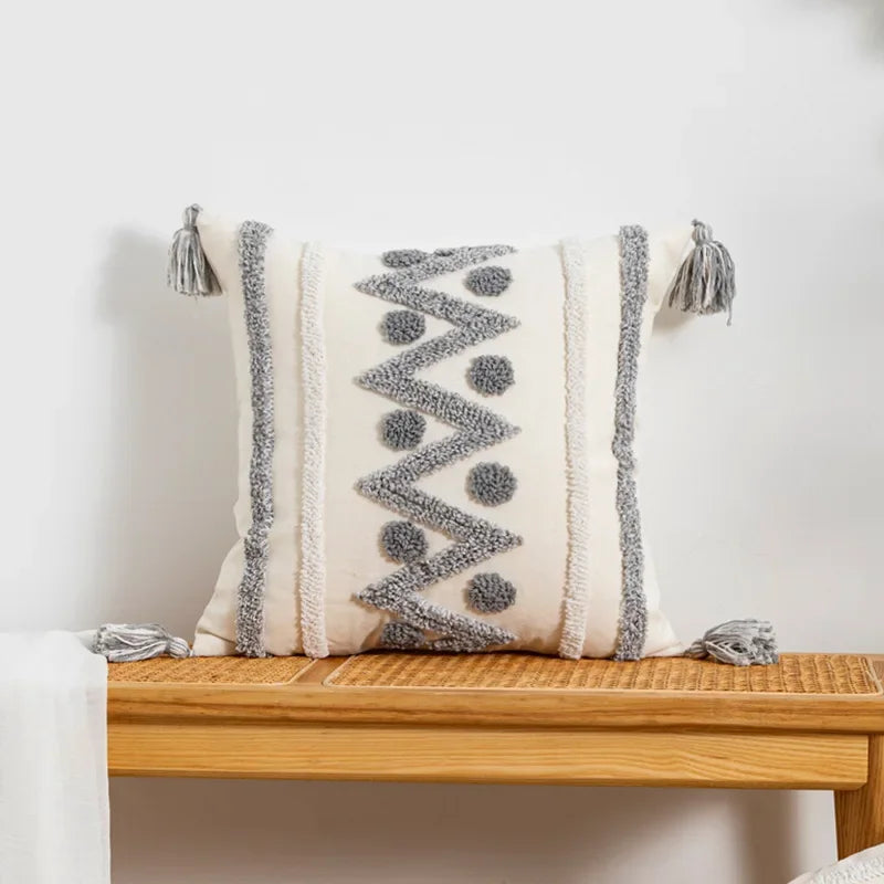 DecorBites™ Geometric Tufted Tassel Cushion Cover White Grey Bohemian Decor Pillow Cover