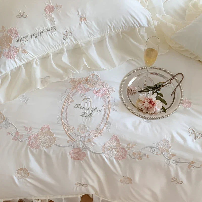 DecorBites™ 4Pcs Flowers Embroidery Princess Queen Bedding Set with Lace Ruffles