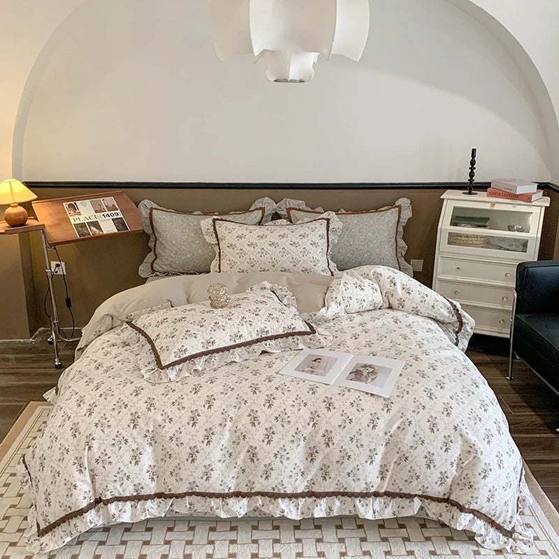 Decorbites™ Französisches Blumenbettwäsche-Set, 100% Baumwolle, Rüschen, Daunendeckelbezug, Bettlaken, Kissenbezüge