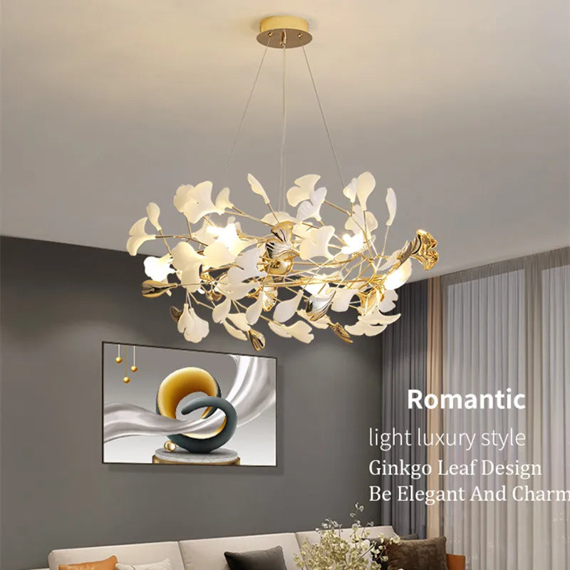 Gold Branch Chandelier 125cm Porcelain Leaves