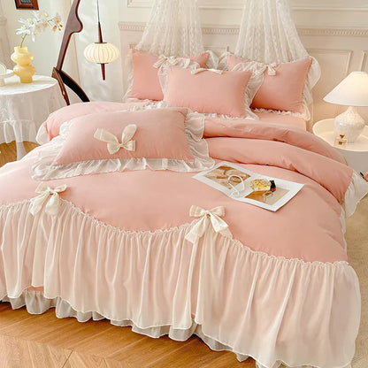 Decorbites™ Korean Lace Bogen-Bettwäsche-Set: Luxuriöse Prinzessinnen-Steppdecke für Mädchen Hochzeit Heimtextilien