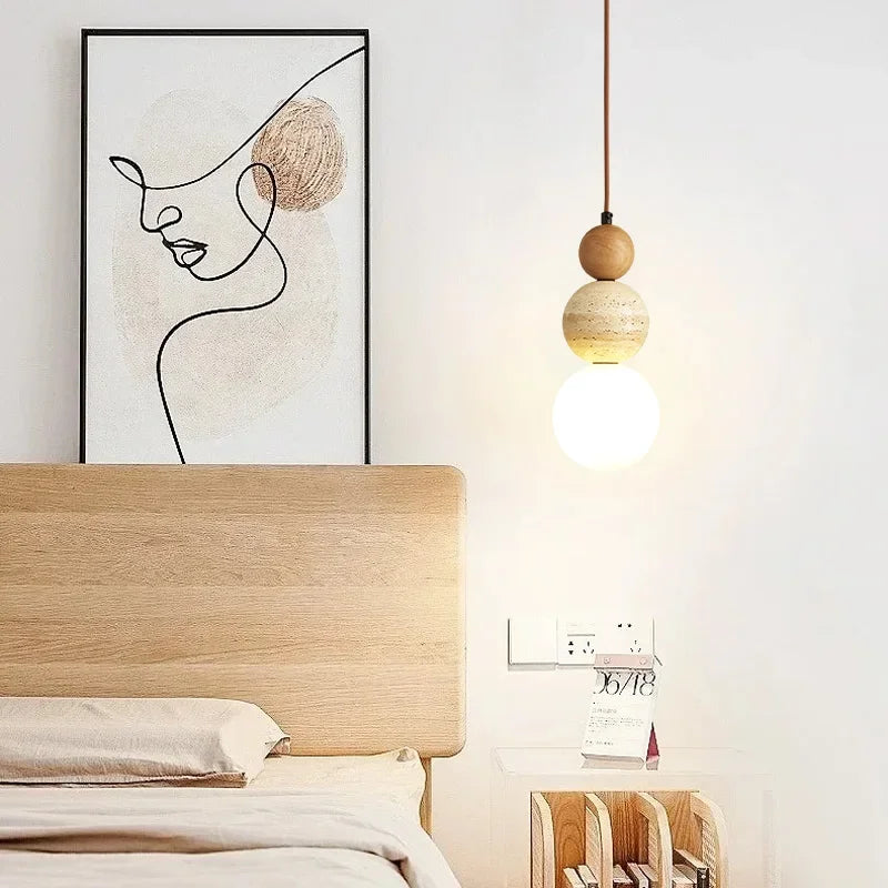 Cream Stone Pendant Light With Wood Accent
