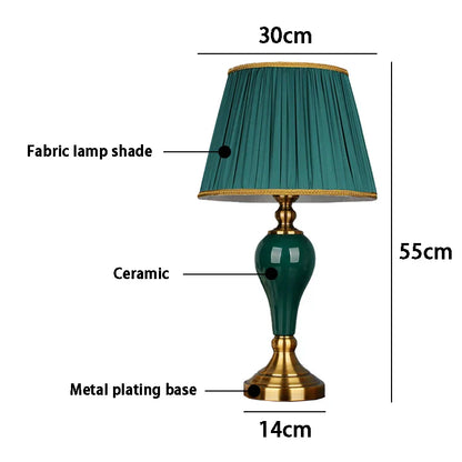 Decorbites™ Grüne Keramiktischlampe mit Europäischem Stoffschirm für modernes Wohnzimmer und Schlafzimmer