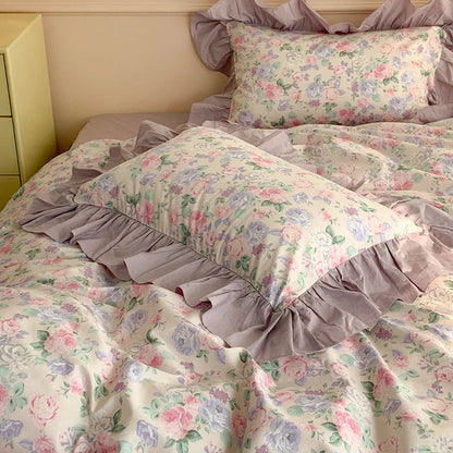 Decorbites™ Französisches Blumen-Motiv Baumwoll-Bettwäsche-Set mit großen Spitzenvolants, Frische Blumen