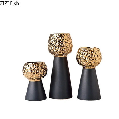 DecorBites™ Gold Hammer Pattern Ceramic Vase: Creative Plant Pot for Table Decoration and Floral Arrangement