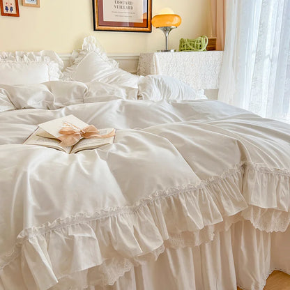 DecorBites™ Korean Princess Style Double Ruffle Bedding Set for Queen King Bed