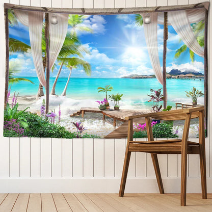 DecorBites™ Coconut Forest Sea View Tapestry Wall Hanging - Aesthetic Home Decor