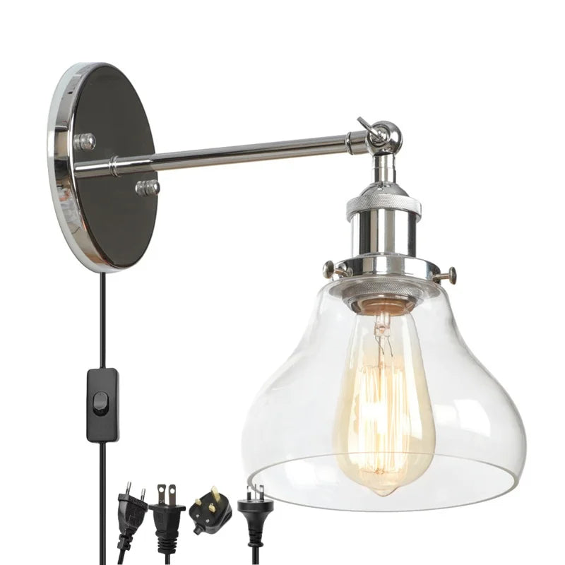 Decorbites™ Industrielle Vintage-Silber-Glas-Wandleuchte für Schlafzimmer Küche Balkon Nachttisch