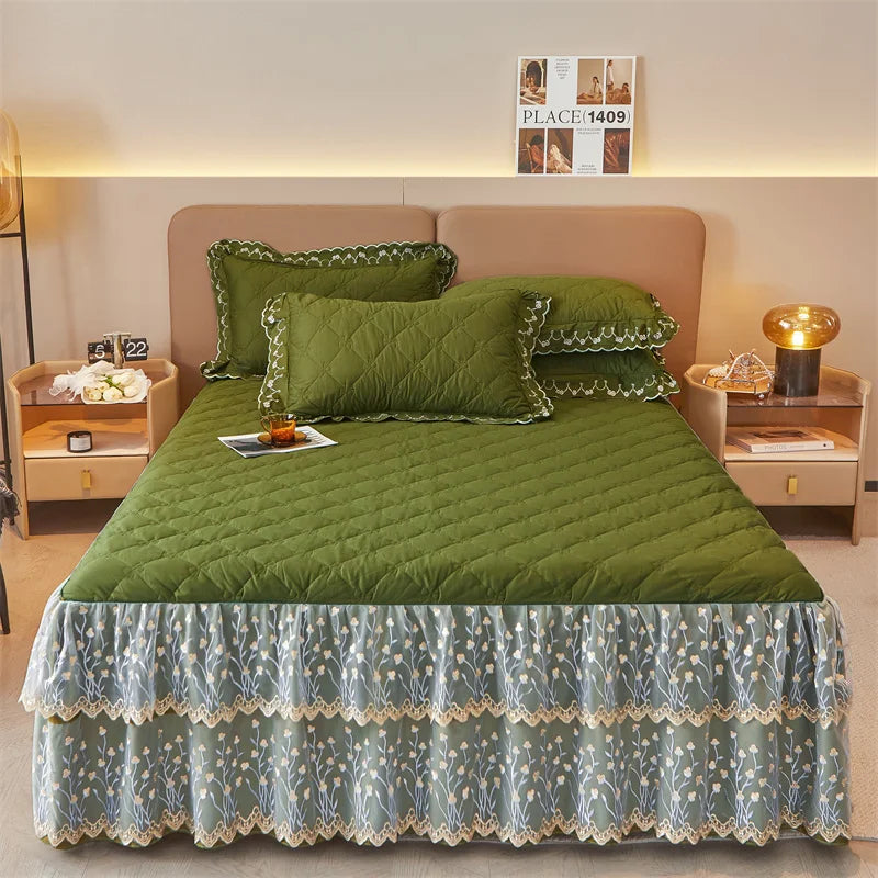 DecorBites™ Cotton Lace Ruffles Quilted Bed Skirt Set with Pillowcases