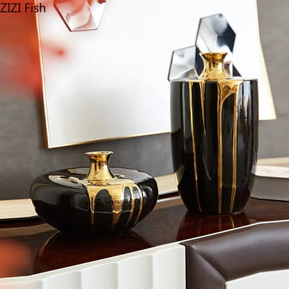 Decorbites™ Elegante schwarze Gold-Keramikvase für moderne Luxusblumen-Dekoration