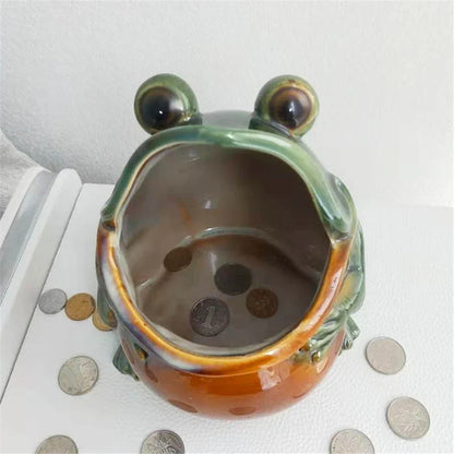 Decorbites™ Frosch-Skulptur-Aufbewahrungsbox: Silbergrünes Schreibtisch-Dekorationsstück & Heimdekoration