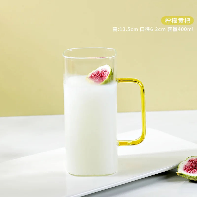 Decorbites™ Glas-Trinkbecher mit Trinkhalm und Acryl-Deckel, farbiger Griff für Getränke