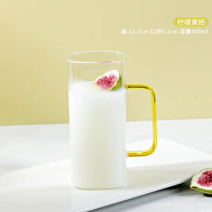 Decorbites™ Glas-Trinkbecher mit Trinkhalm und Acryl-Deckel, farbiger Griff für Getränke