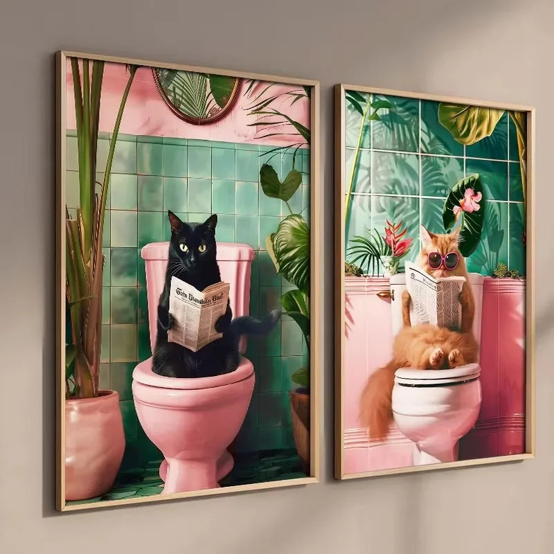 Funny Cat on Toilet Wall Art Cat Reading Newspaper Canvas Posters Print Picture for Home Bathroom Living Room Decor No Frame
