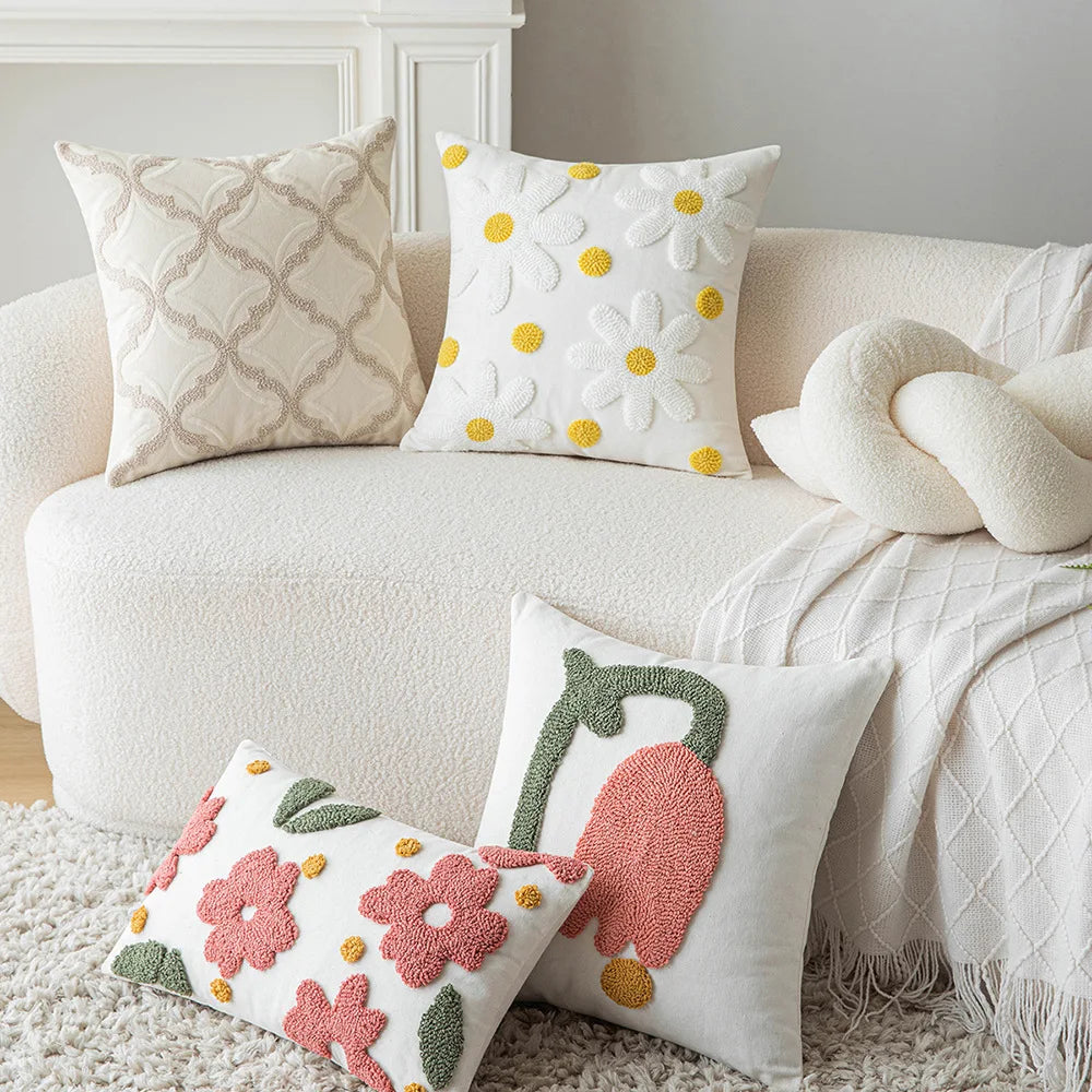 DecorBites™ Geometric Embroidery Beige Floor Pillow Cover for Living Room Sofa