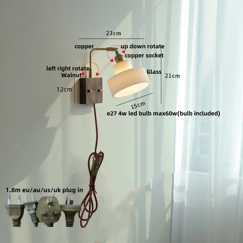 DecorBites™ Glass Pink LED Wall Lights Pull Chain Switch Rotatable Sconce Bedside Lamp