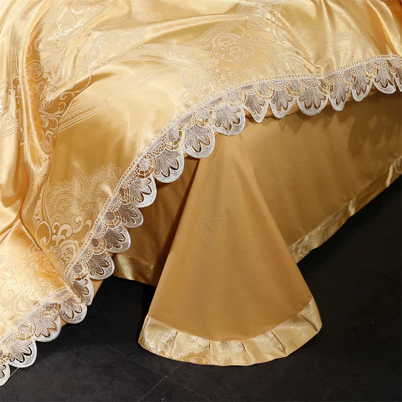 Decorbites™ Golden Jacquard-Baumwoll-Spitzen-Bettwäsche-Set – Seidig weiche Daunendecke, Spannbettlaken, Kissenbezug