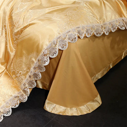 Decorbites™ Golden Jacquard-Baumwoll-Spitzen-Bettwäsche-Set – Seidig weiche Daunendecke, Spannbettlaken, Kissenbezug