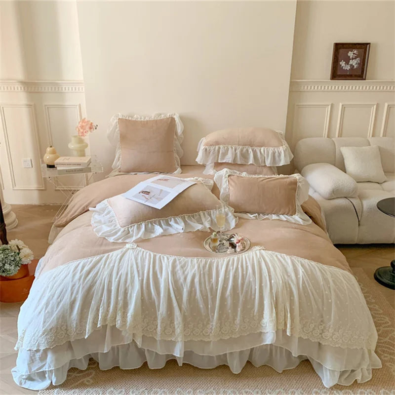 DecorBites™ French Princess Velvet Bedding Set, Queen Size with Lace Ruffles