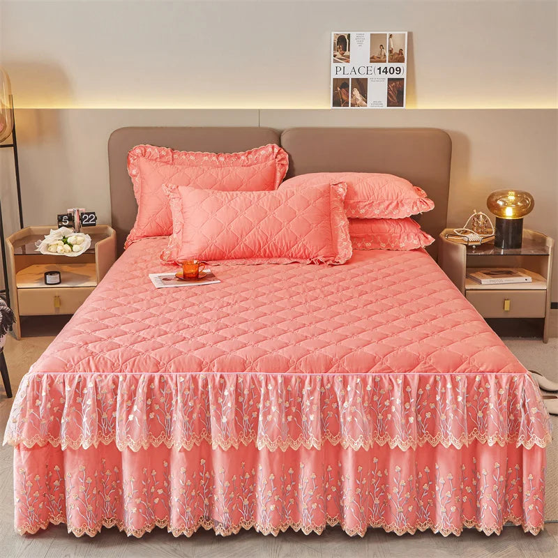 DecorBites™ Cotton Lace Ruffles Quilted Bed Skirt Set with Pillowcases
