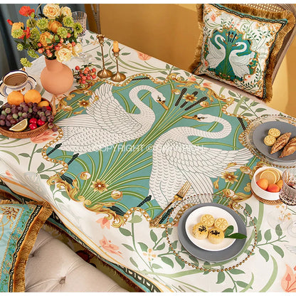 Decorbites™ Doppelschwan & Blumenmuster Samt-Tischdecke mit Quasten