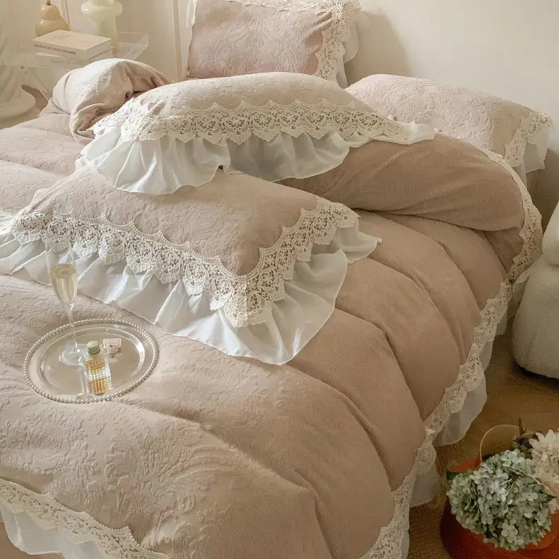DecorBites™ French Lace Ruffles Velvet Bedding Set, Furry Duvet, Sheet, Pillowcases