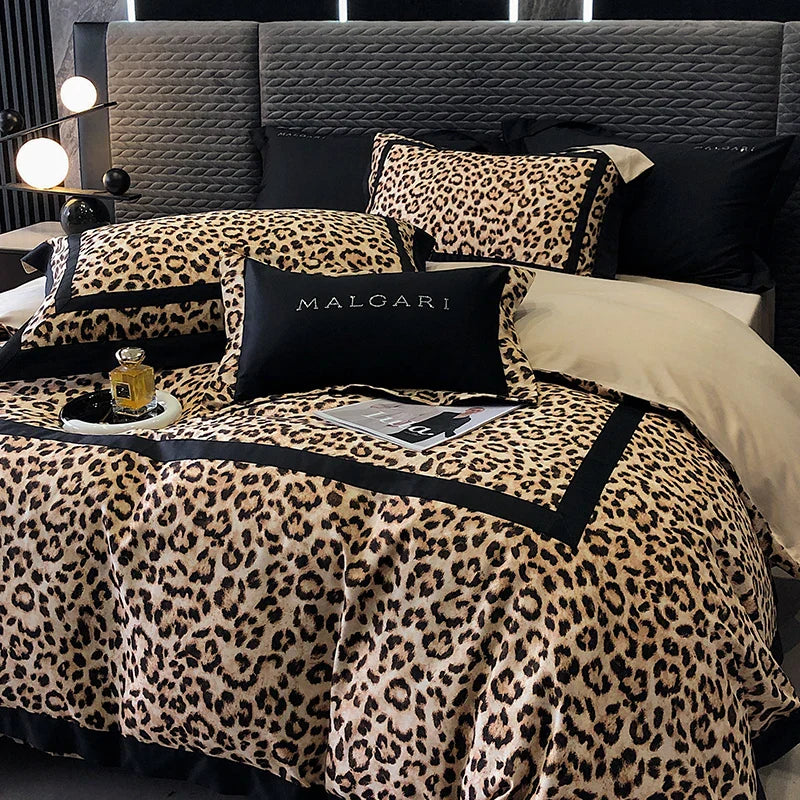 Decorbites™ Leopard-Muster Lyocell-Baumwoll-Bettwäsche-Set, Luxus-Daunenbezug, Laken & Kissenbezüge