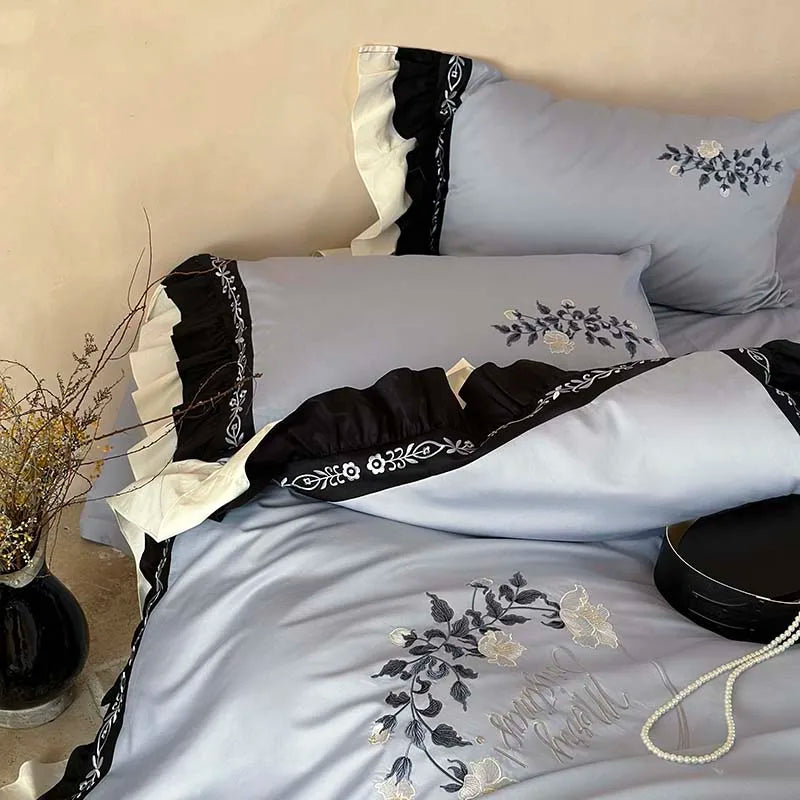 Decorbites™ Blumen-Stickerei Rüschen Baumwoll-Bettwäsche-Set mit Bettbezug, Laken und Kissenbezügen
