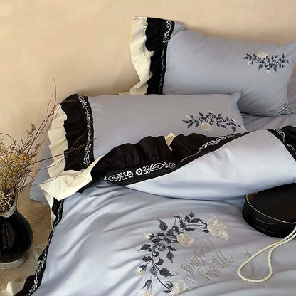 Decorbites™ Blumen-Stickerei Rüschen Baumwoll-Bettwäsche-Set mit Bettbezug, Laken und Kissenbezügen