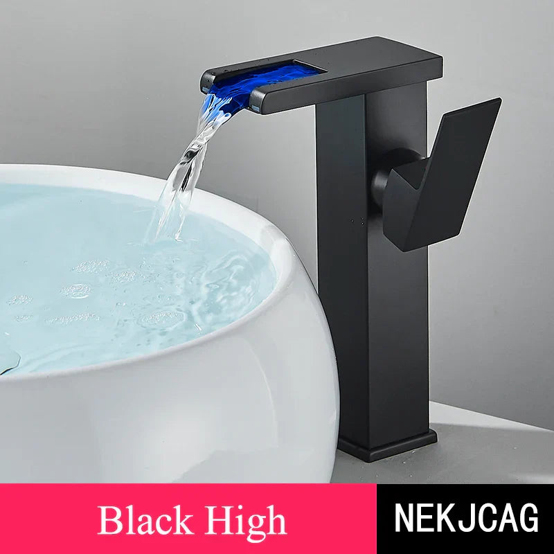 DecorBites™ LED Waterfall Basin Faucet: Black Mixer Tap with Light, Deck Mount Kitchen Sink