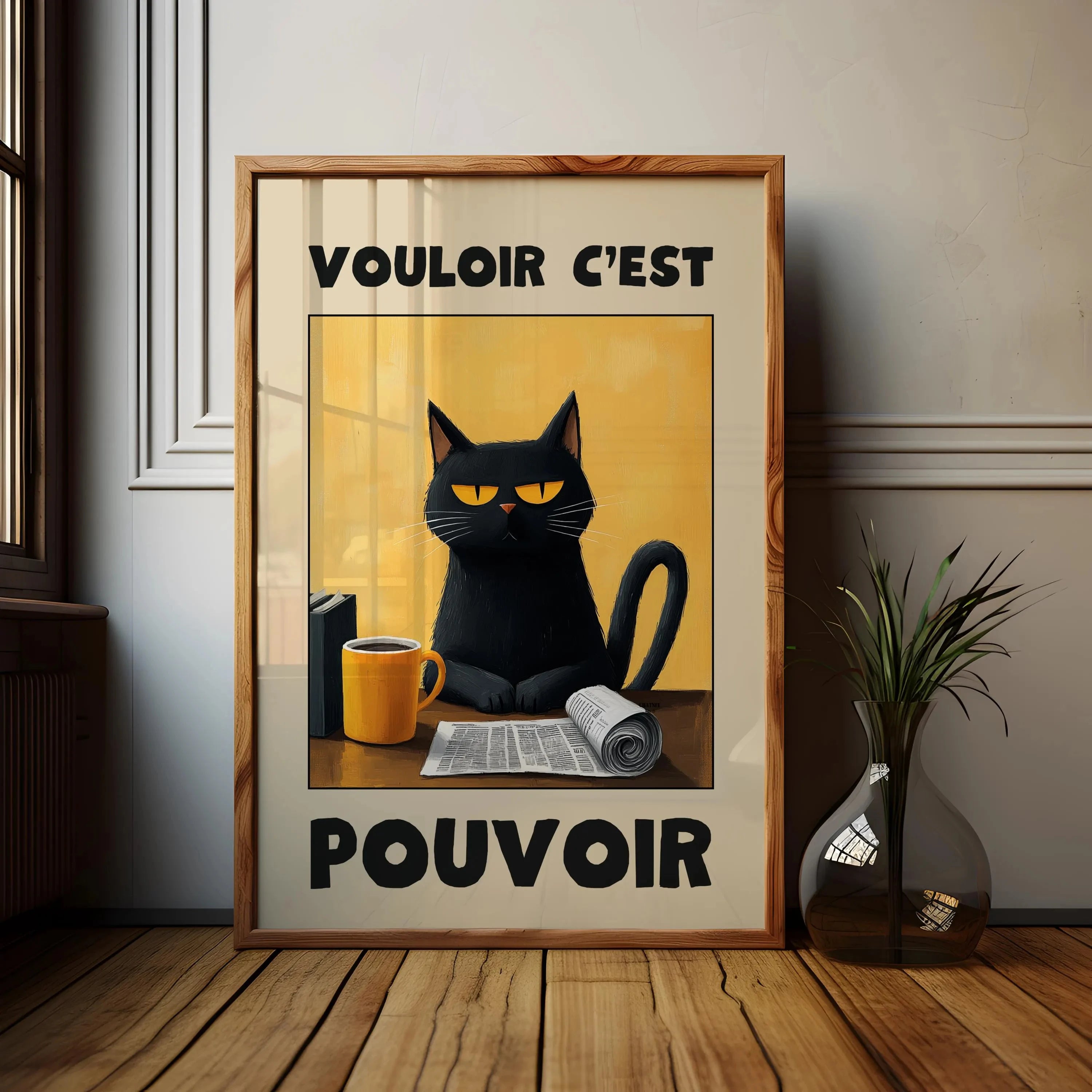 1pc Frameless Black Cat Breakfast Art Poster Retro Style Bonjour Canvas Painting for Dining Room or Bedroom Wall  Art Decoration