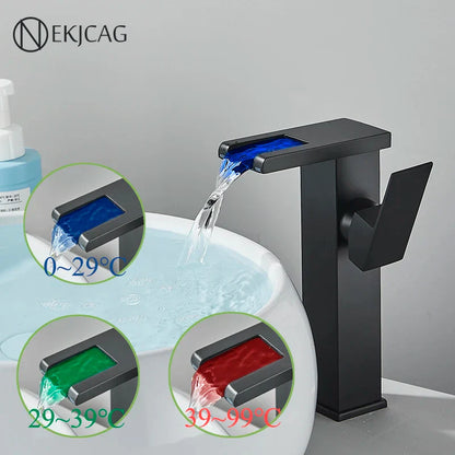 DecorBites™ LED Waterfall Basin Faucet: Black Mixer Tap with Light, Deck Mount Kitchen Sink